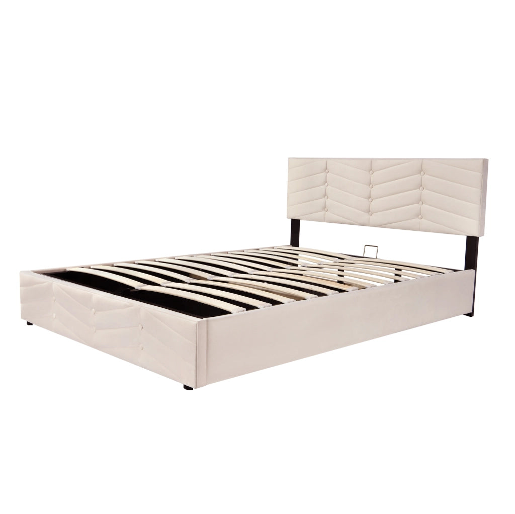 Letto imbottito 140x190 cm; testiera regolabile e rete a doghe; velluto beige