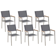 Set di 6 Sedie da Pranzo da Giardino Seduta in Tessuto Grigio e Argento Gambe in Acciaio Inox Impilabili per Esterno