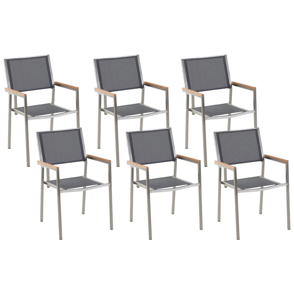 Set di 6 Sedie da Pranzo da Giardino Seduta in Tessuto Grigio e Argento Gambe in Acciaio Inox Impilabili per Esterno