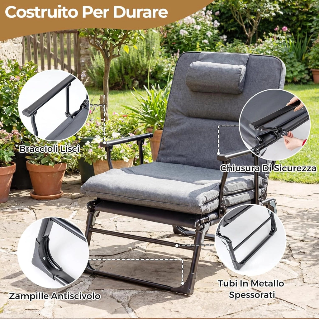 Sedia a Sdraio Pieghevole, con Schienale Reclinabile 6 Posizioni, Poggiatesta, Lettino da Esterno con Struttura in Metallo per Giardino, Cortile, Portata 200 kg