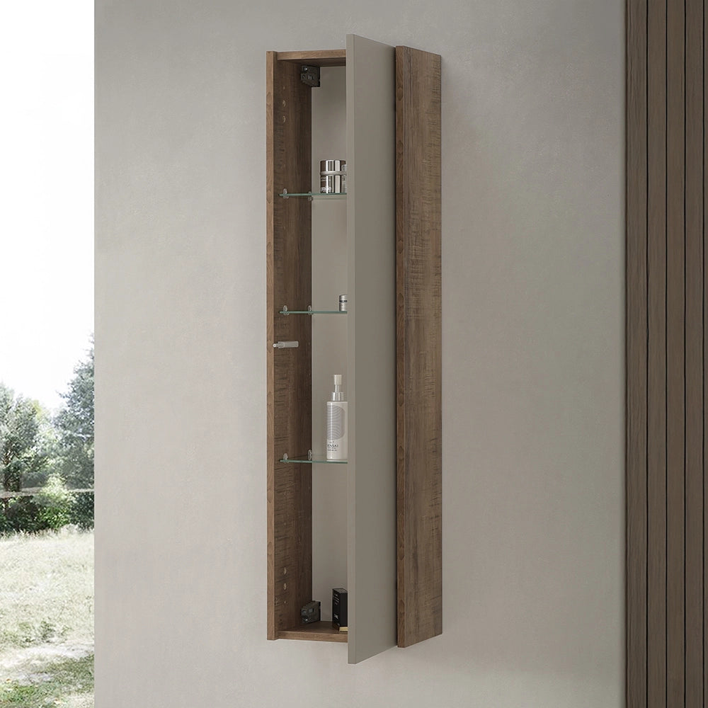 Colonna bagno sospesa H120 cm in legno tabacco e tortora con anta reversibile Smok