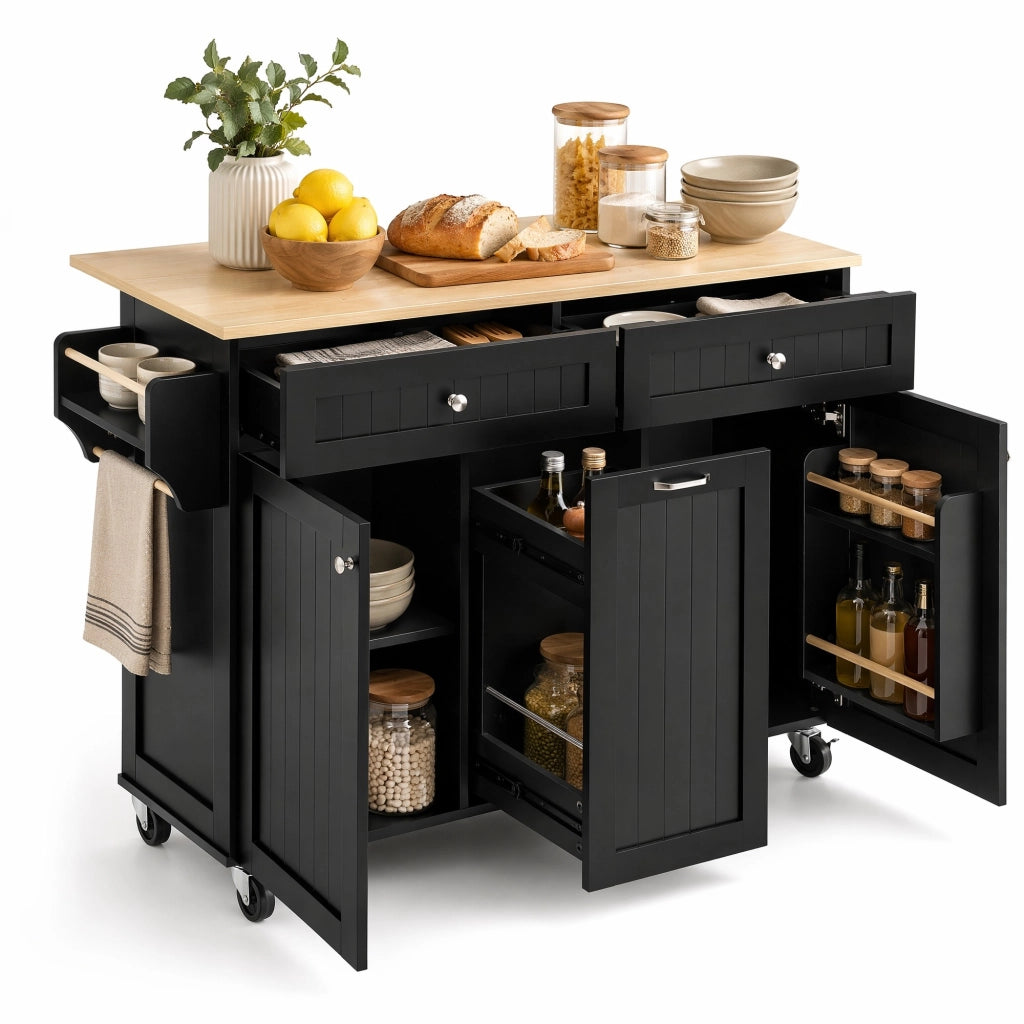 Isola da cucina mobile con piano estraibile e pieghevole; MDF; nero e naturale