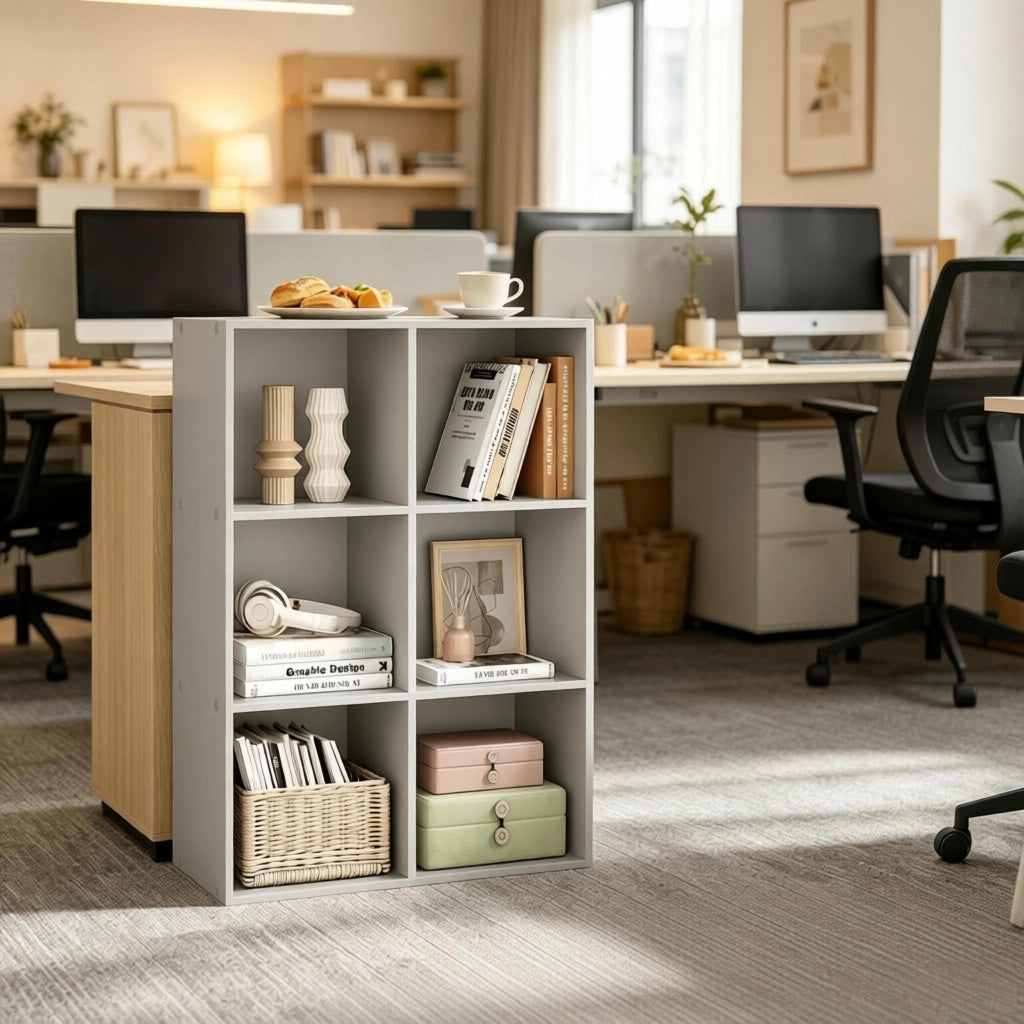 Scaffale a cubi aperto a 6 vani, grigio, in legno ingegnerizzato E1, 59,6 x 89 x 29 cm