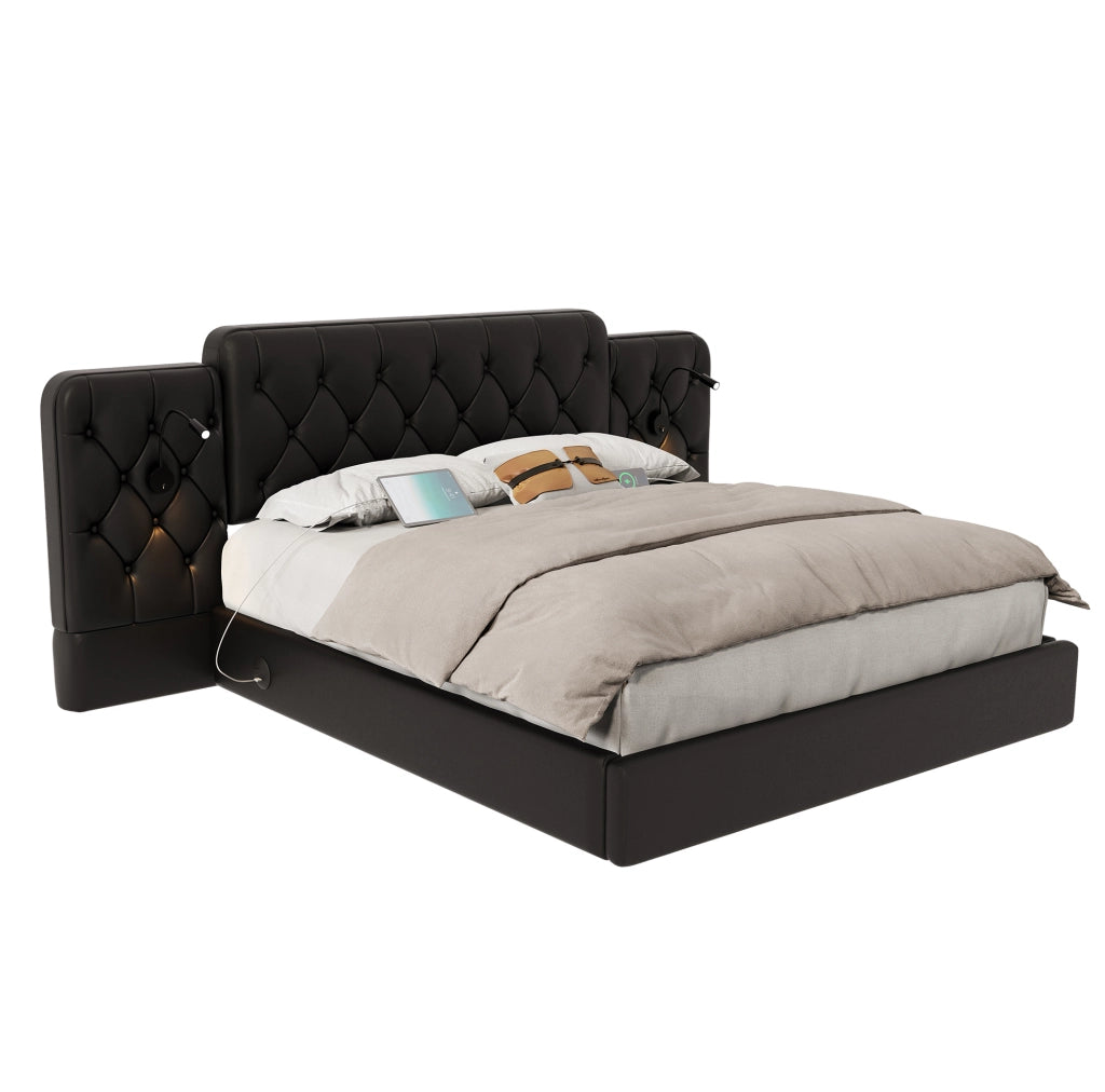 Letto matrimoniale 180x200 cm in pelle PU nera con testiera allungata; luci LED da lettura e USB
