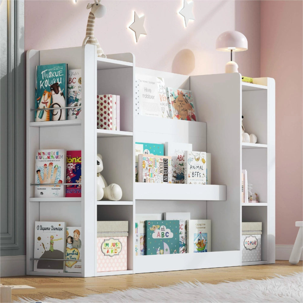 Libreria per bambini con contenitori, scaffale porta libri e giochi, mobile in MDF bianco 140 x 30 x 95 cm