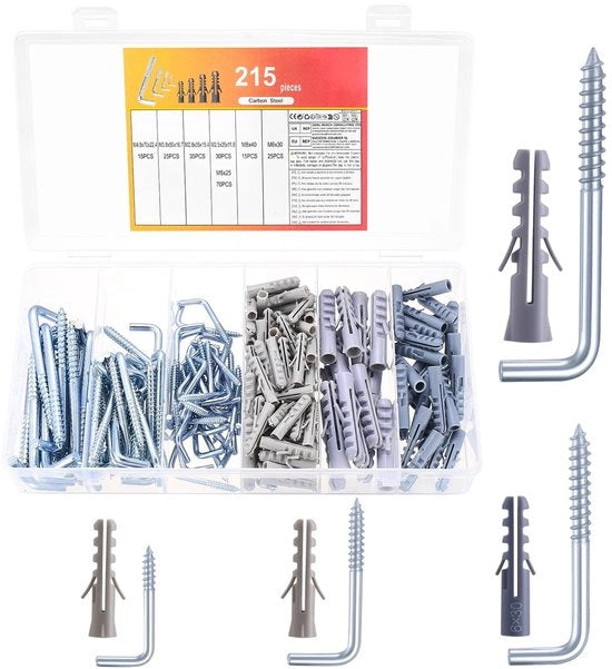 215 pezzi di chiodi a muro, chiodi a soffitto, chiodi a L a muro, chiodi a soffitto con ganci, chiodi con viti autoalimentanti per appendere piante, luci, vasi, ufficio, casa
