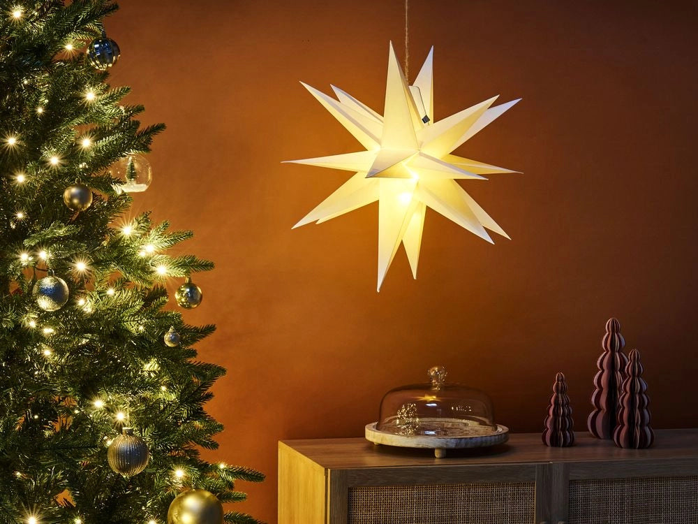 Decorazione natalizia a LED a forma di Stella di carta bianco sporco fatta a mano