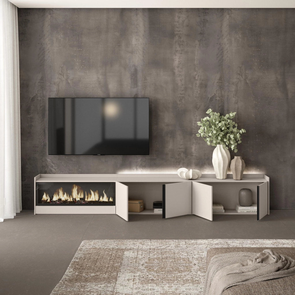 Mobile TV Soggiorno, 315x50x35 cm, Per TV fino a 80", Camino elettrico XXL, LED, Beige