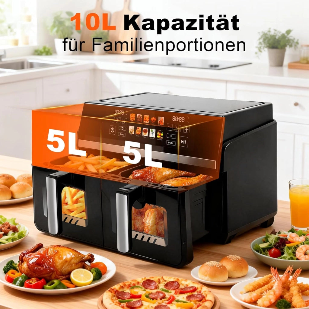 ZMH Friggitrice ad aria a doppia zona 10L 2200W touch screen con finestra visiva, cestello lavabile in lavastoviglie
