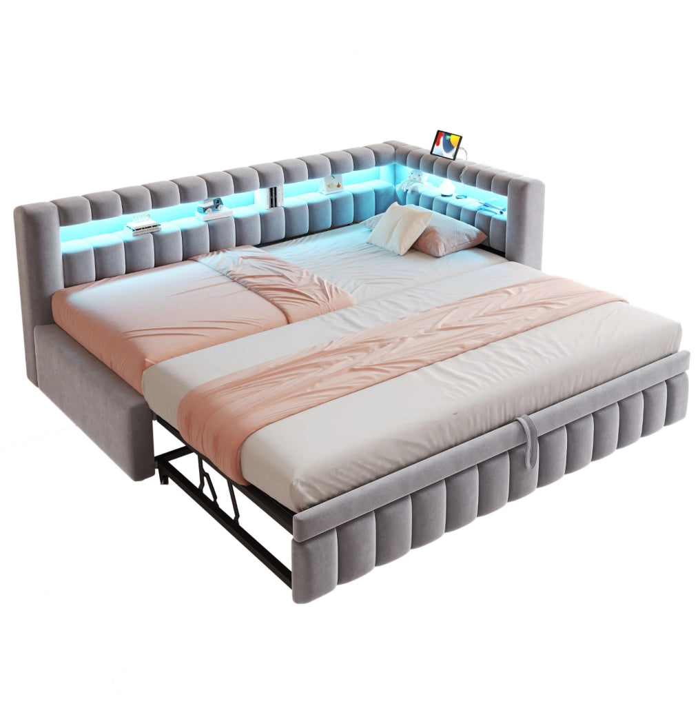 Sof脿 letto estraibile imbottito 90x200 cm in velluto grigio chiaro con LED; USB e Type-C