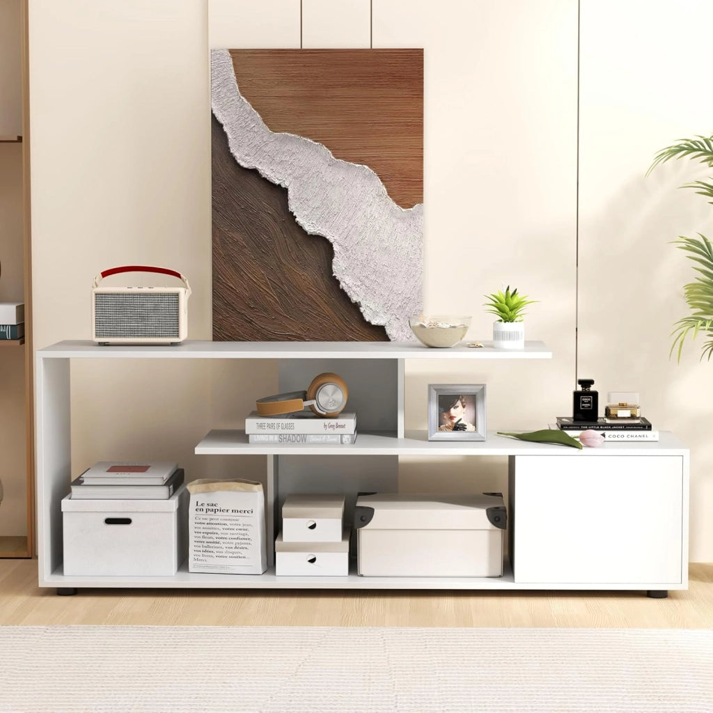 Mobile Porta TV, per TV Fino a 55'', Console Media a 3 Ripiani Asimmetrici con Ripiani di Stoccaggio e Armadietto, Mobile TV con Cassetto, 5 Gambe di Supporto (Bianco)