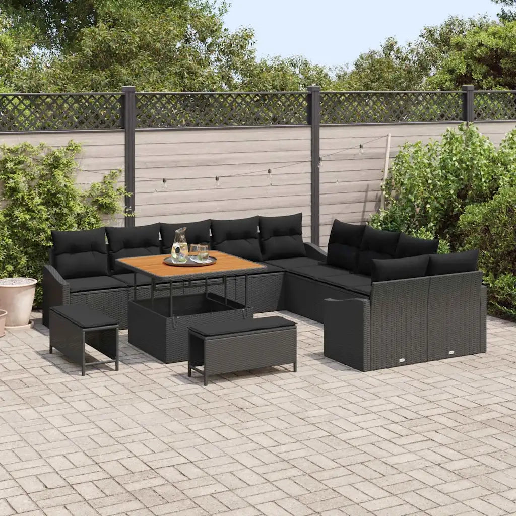 Set Divano da Giardino con cuscino 13 pcs Nero polyrattan