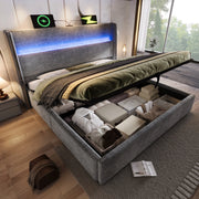 Letto contenitore 140x200 cm in lino grigio con testiera alta, LED, USB-C e materasso