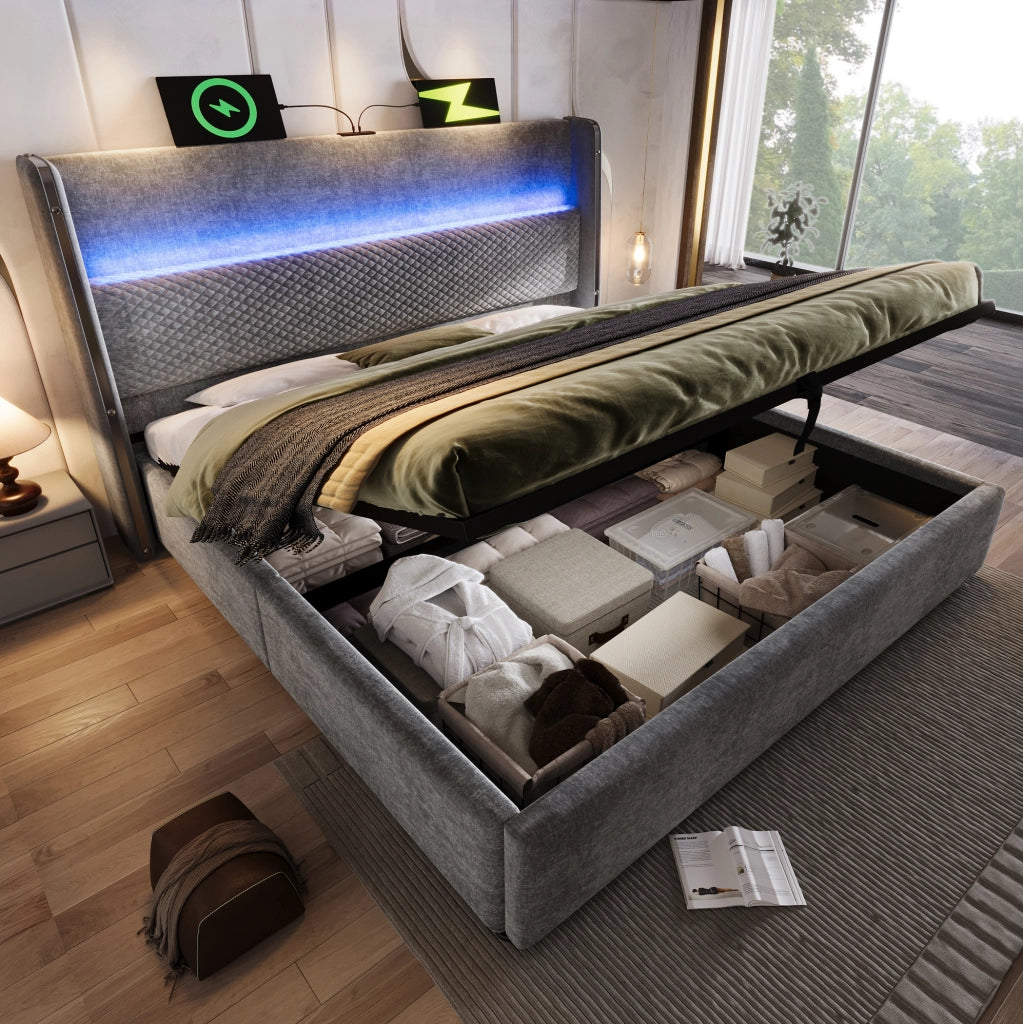 Letto contenitore 140x200 cm in lino grigio con testiera alta, LED, USB-C e materasso