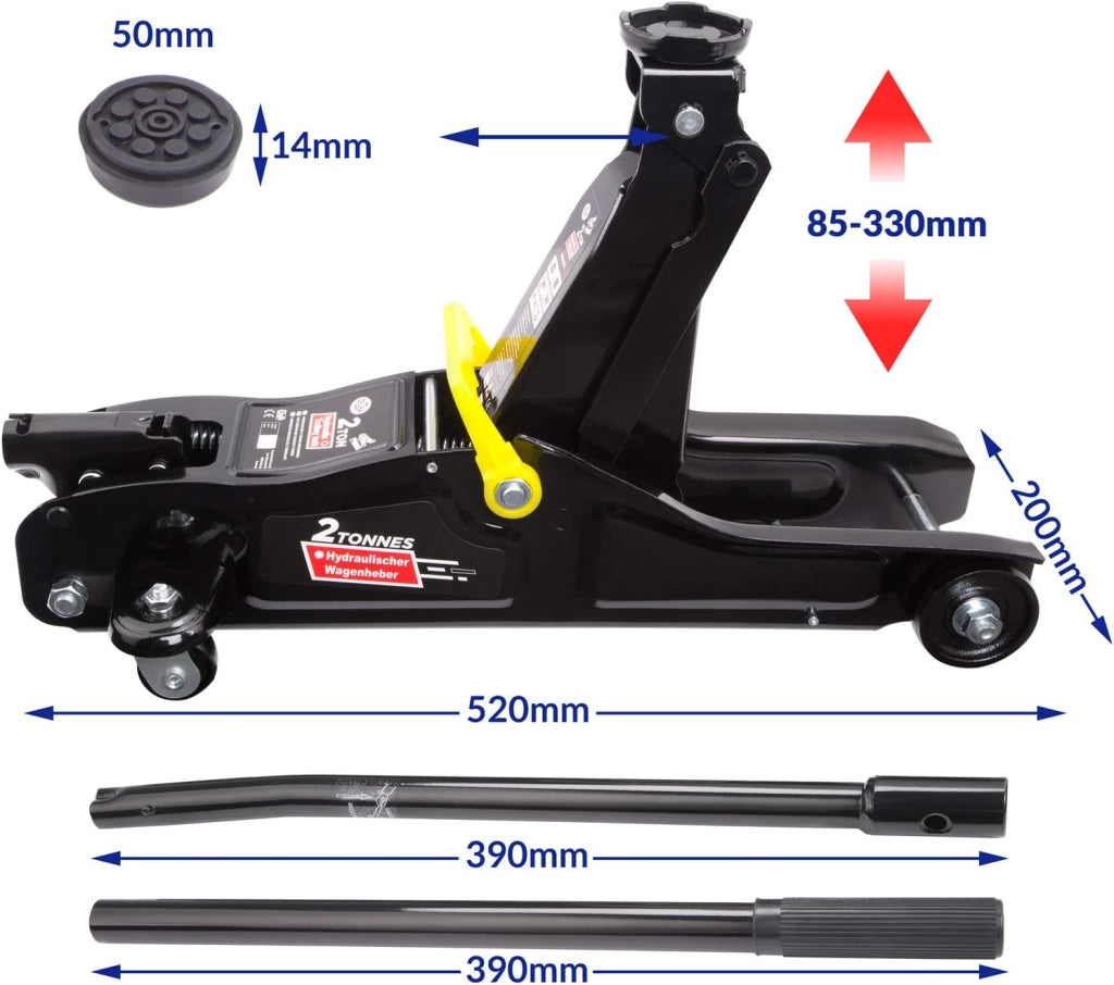 ® Cric idraulico per Auto 2 Tonnellate Altezza di Sollevamento 85-330 mm incl. Valigetta incl. Cuscinetto in Gomma Nero