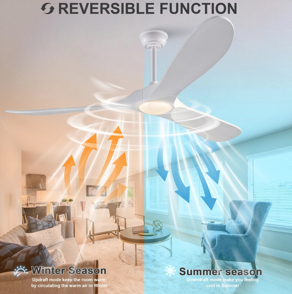 Ventilatore da soffitto 60" con LED dimmerabile; 3 pale in legno massello; bianco