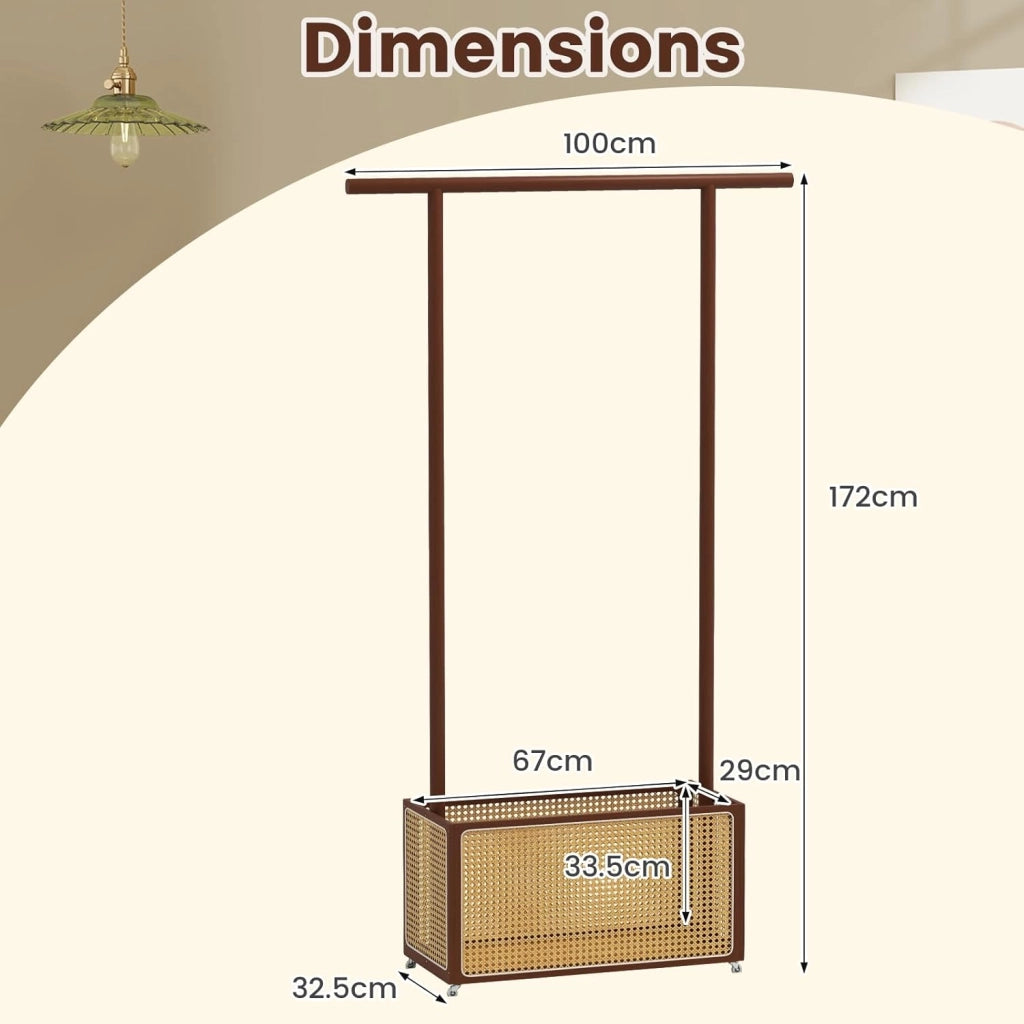 Appendiabiti da terra con 4 ruote, barra per tende da 1 m, cestino organizer in rattan, telaio in bambù, appendiabiti per ingresso, soggiorno, camera da letto