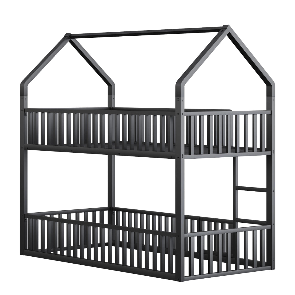 Letto a castello in metallo 90x200 cm con scala frontale, design a casa, nero