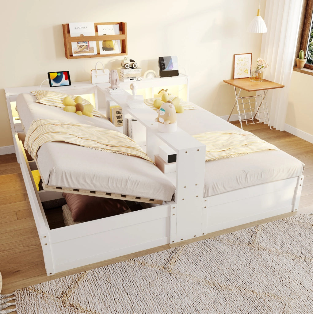 Letto multifunzionale ULEVR 90/180x200 cm con LED, prese integrate e contenitore idraulico, bianco