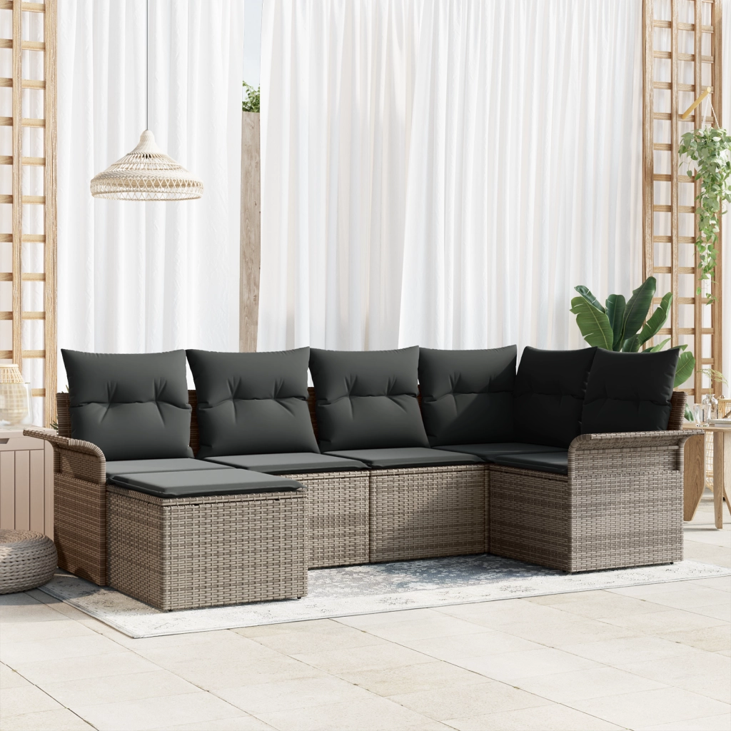 Set Divano da Giardino 6 Pezzi con Cuscini Grigio Polyrattan