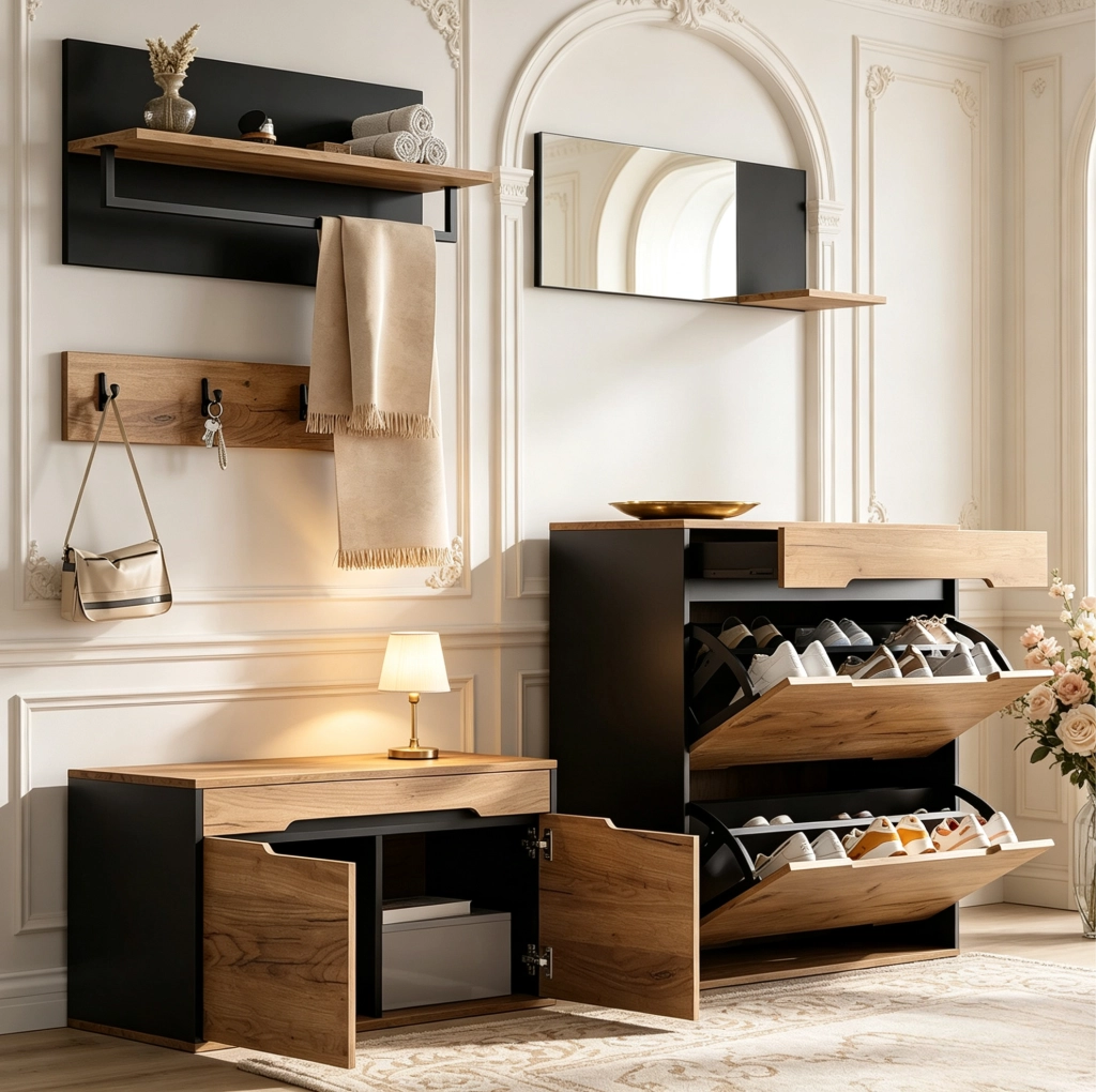 Garderoba ingresso 156x36x176 cm con specchio; ganci e scarpiera regolabile in MDF naturale e nero