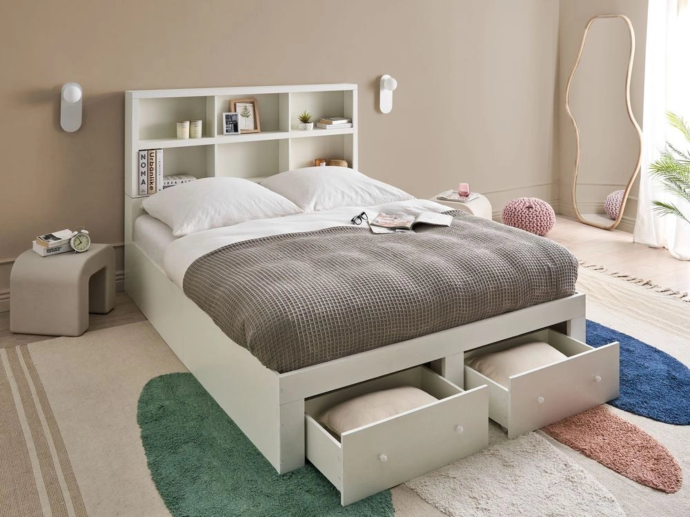 Letto matrimoniale in legno con contenitori a 2 cassetti e ripiani bianco 160 x 200 cm stile minimalista