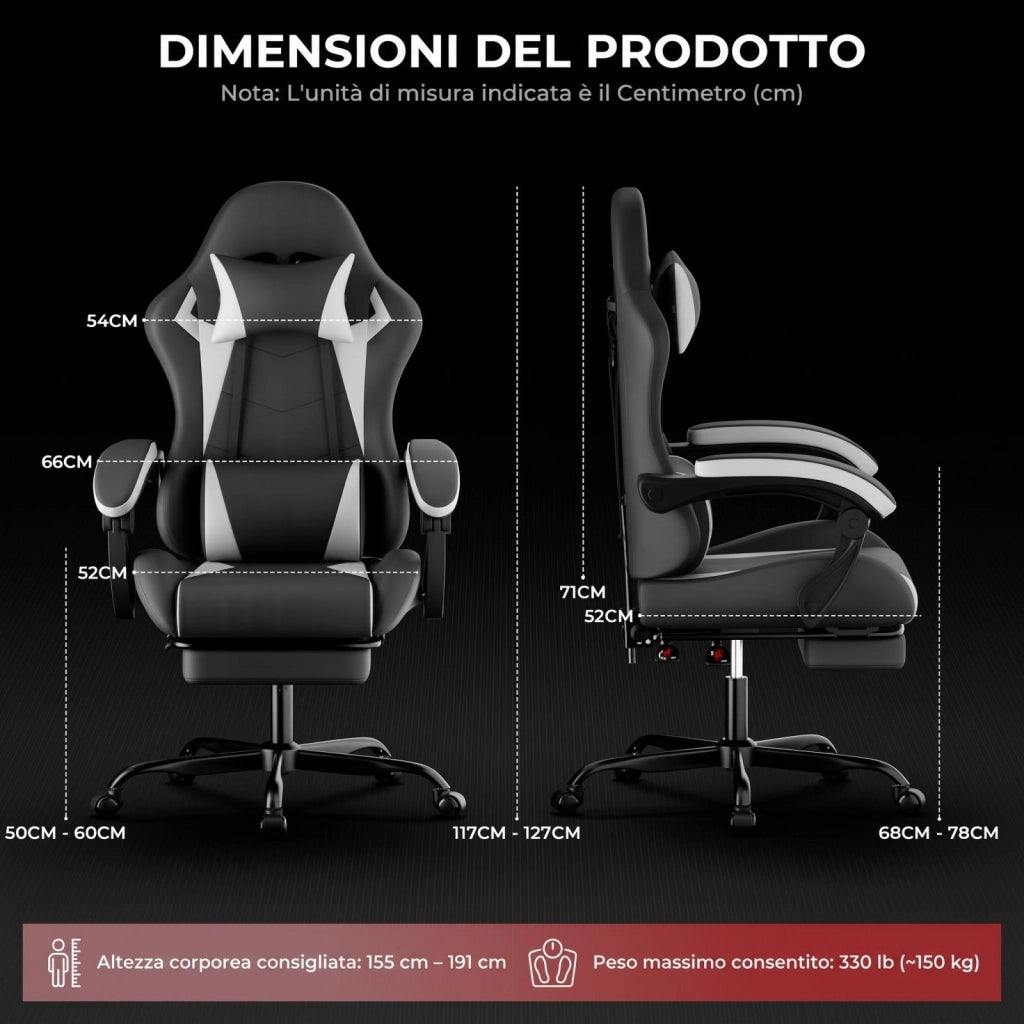 Sedia da gaming, sedia ergonomica, con cuscino lombare, regolabile in altezza, bianca e nera