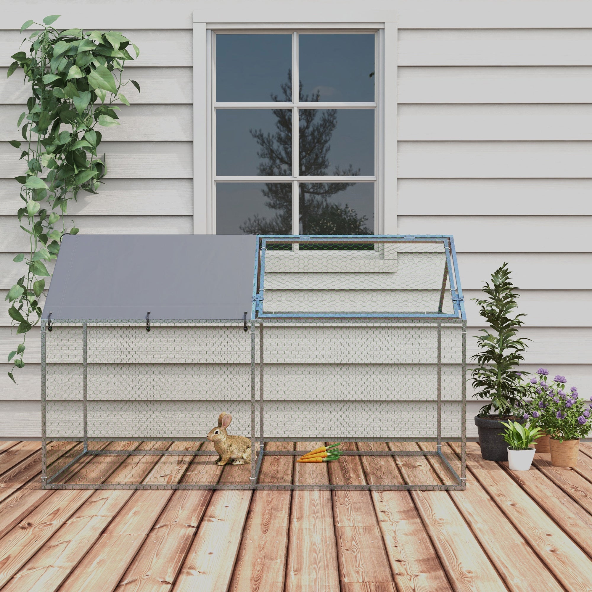 Gabbia per Conigli da Esterno 198x100x120 cm in Acciaio e Tessuto Oxford Verde e Argento