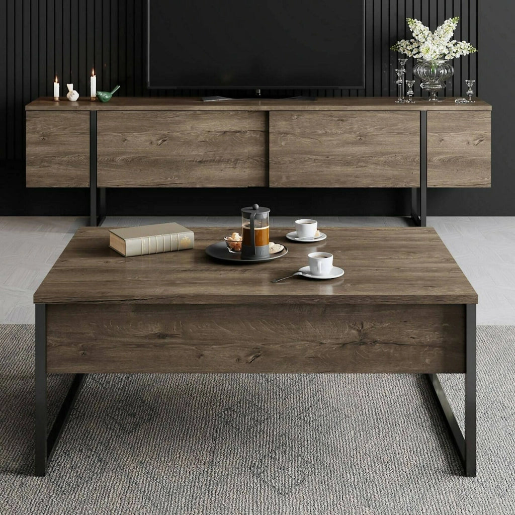Tavolino da salotto Lavinia, Tavolo basso da caffè, Portariviste per divano, Ripiano da soggiorno, 90x60h40 cm, Noce e Nero