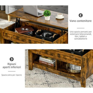 TAVOLINO IN STILE INDUSTRIALE CON VANO CONTENITORE PIANO SOLLEVABILE 105X50X49CM