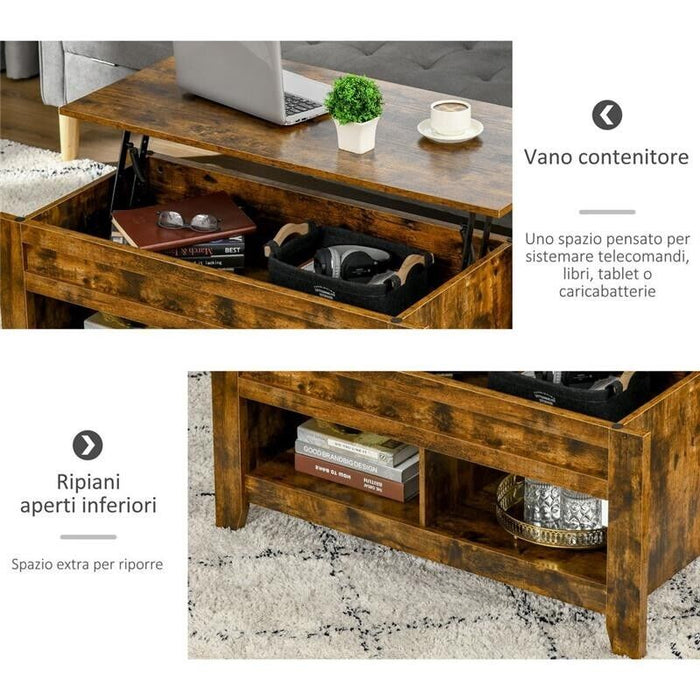 TAVOLINO IN STILE INDUSTRIALE CON VANO CONTENITORE PIANO SOLLEVABILE 105X50X49CM