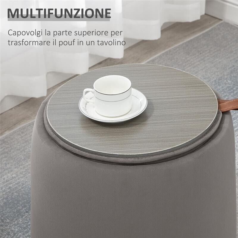 POUF CONTENITORE IN VELLUTO 2 IN 1 CONVERTIBILE IN TAVOLINO Ø44X47.5CM GRIGIO