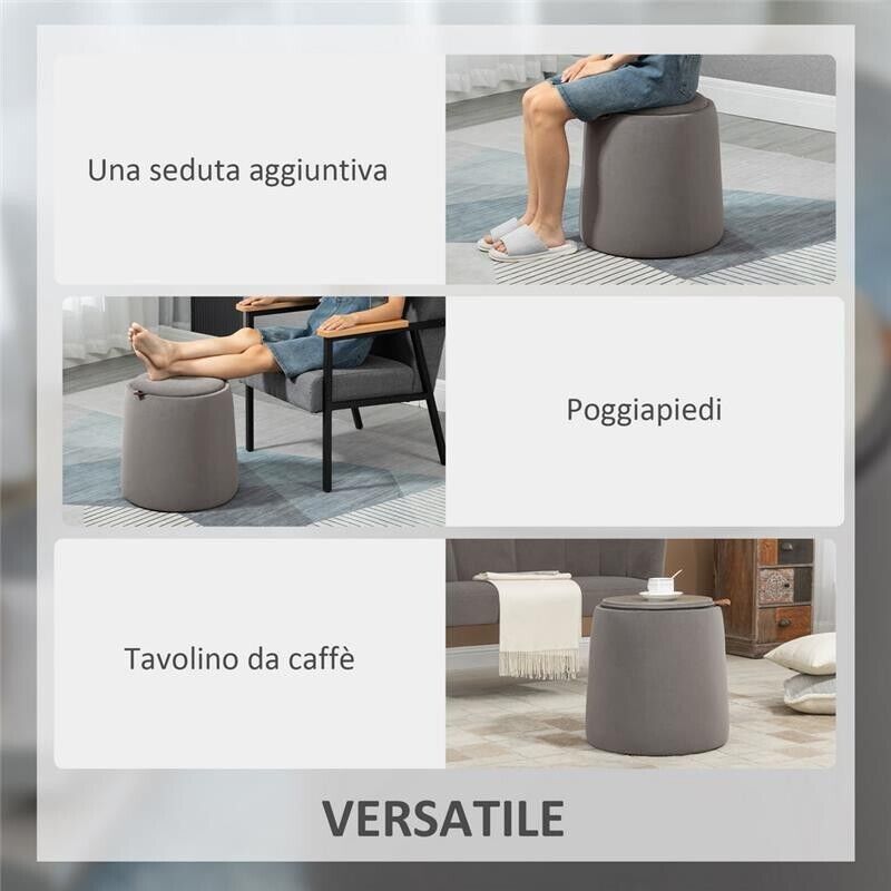POUF CONTENITORE IN VELLUTO 2 IN 1 CONVERTIBILE IN TAVOLINO Ø44X47.5CM GRIGIO