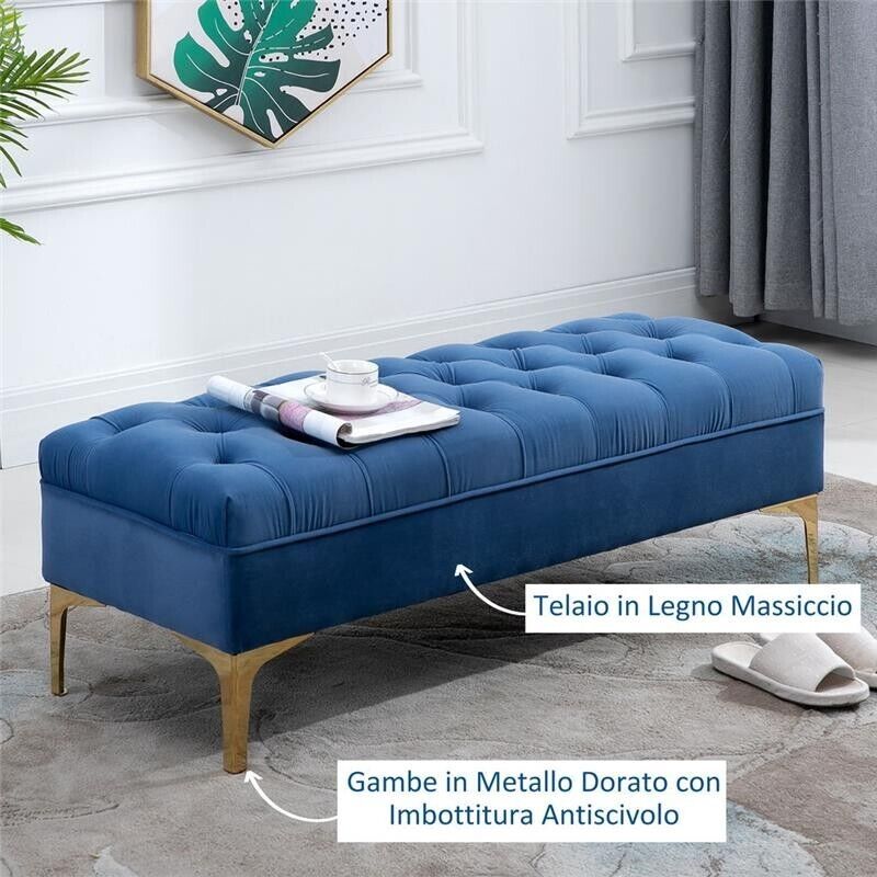 PANCA IMBOTTITA TESSUTO VELLUTATO TRAPUNTATO 118X45X42 CM BLU