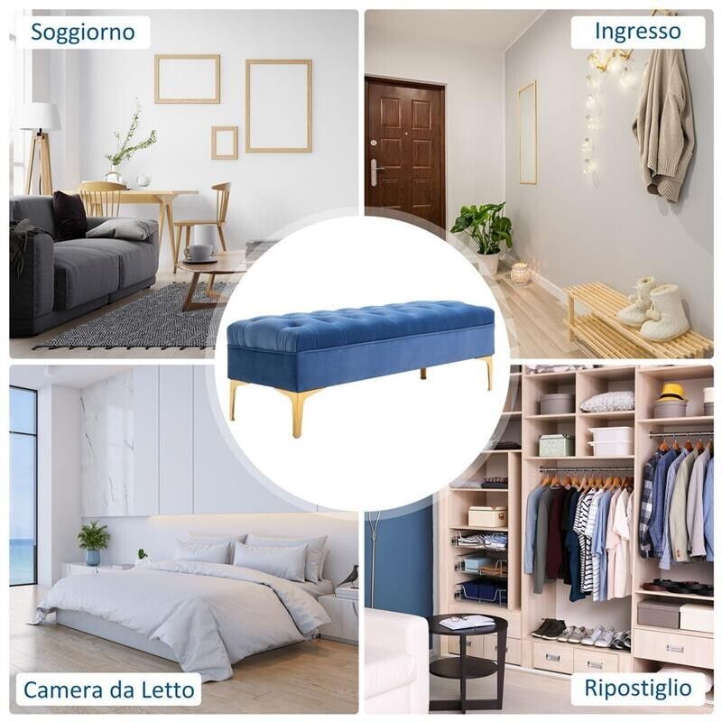 PANCA IMBOTTITA TESSUTO VELLUTATO TRAPUNTATO 118X45X42 CM BLU