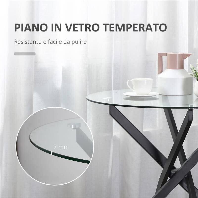 TAVOLO ROTONDO IN VETRO E GAMBE INCROCIATE IN METALLO 80X80X75CM