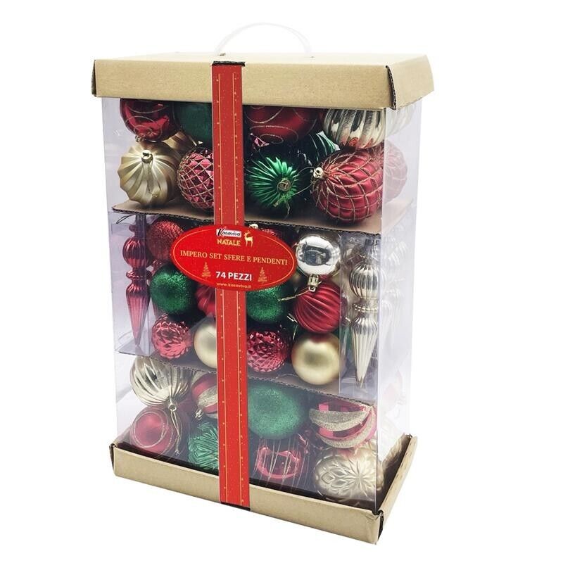 IMPERO SET DA 74 PEZZI DI SFERE E PENDENTI NATALIZI MULTICOLOR