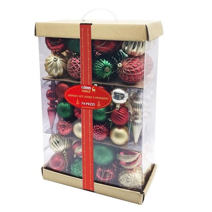 IMPERO SET DA 74 PEZZI DI SFERE E PENDENTI NATALIZI MULTICOLOR
