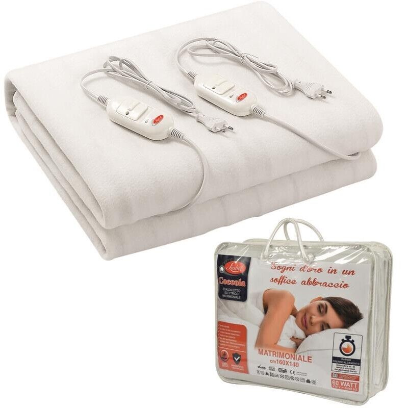 SCALDALETTO  ELETTRICO MATRIMONIALE 160X140 CM POTENZA 60 WATT 2 TELECOMANDI REMOVIBILI 2 LIVELLI DI RISCALDAMENTO LAVABILE IN LAVATRICE CAVO DI 2 METRI SISTEMA ANTI-SURRISCALDAMENTO