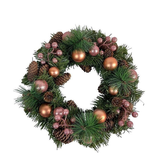 PINK GHIRLANDA DIETROPORTA CON PIGNE E DECORI ROSA DIAMETRO 35 CM