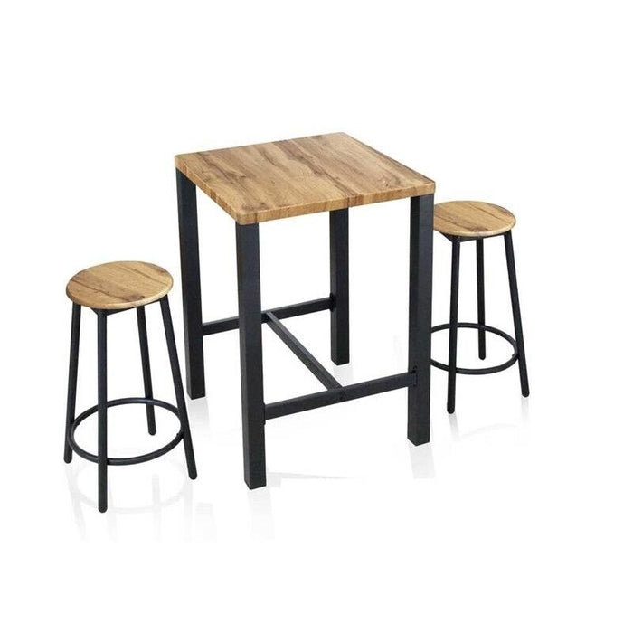 SET TAVOLO E 2 SGABELLI IN METALLO CON TOP E SEDUTE IN LEGNO NATURALE