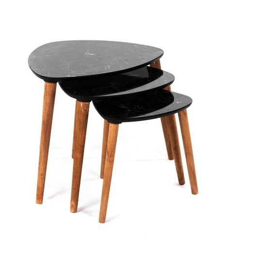 SET 3 TAVOLINI DA ARREDO EFFETTO MARMO NERO CON GAMBE NATURAL 49/44/39H CM