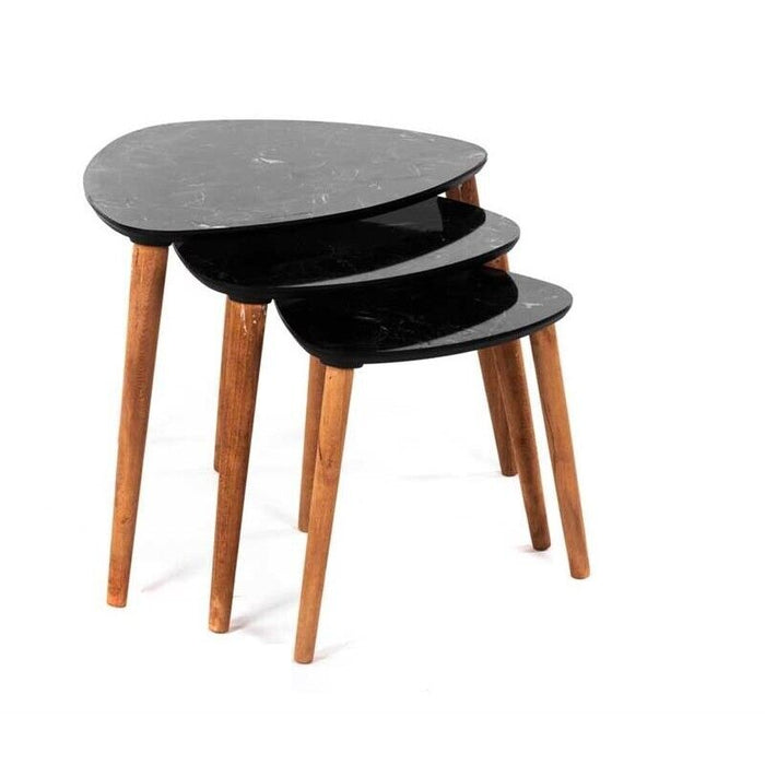 SET 3 TAVOLINI DA ARREDO EFFETTO MARMO NERO CON GAMBE NATURAL 49/44/39H CM