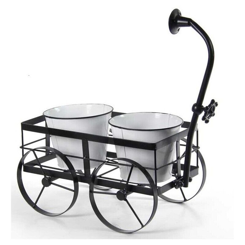 CARRETTO PORTAPIANTE CON 2 VASETTI IN METALLO 40X23X44 CM BIANCO E NERO