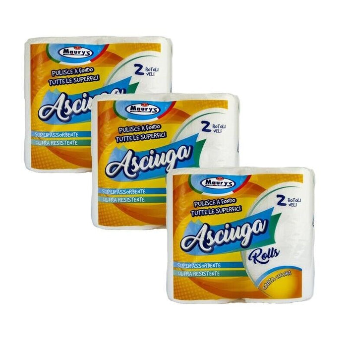 KIT SET 3 PZ MAURY'S CARTA ASCIUGATUTTO CUCINA 2 ROTOLI 2 VELI ASCIUGAROLLS 380G