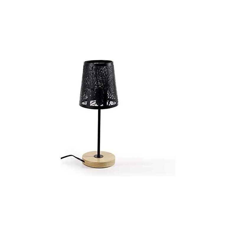 LAMPADA LUMETTO CON PARALUME FLOREALE IN COLRE NERO E BASE IN LEGNO 15XH35 CM
