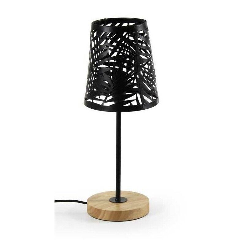 LAMPADA DA TAVOLO CON PARALUME A FOGLIA NERO E BASE TONDA IN LEGNO 14 X 35 CM