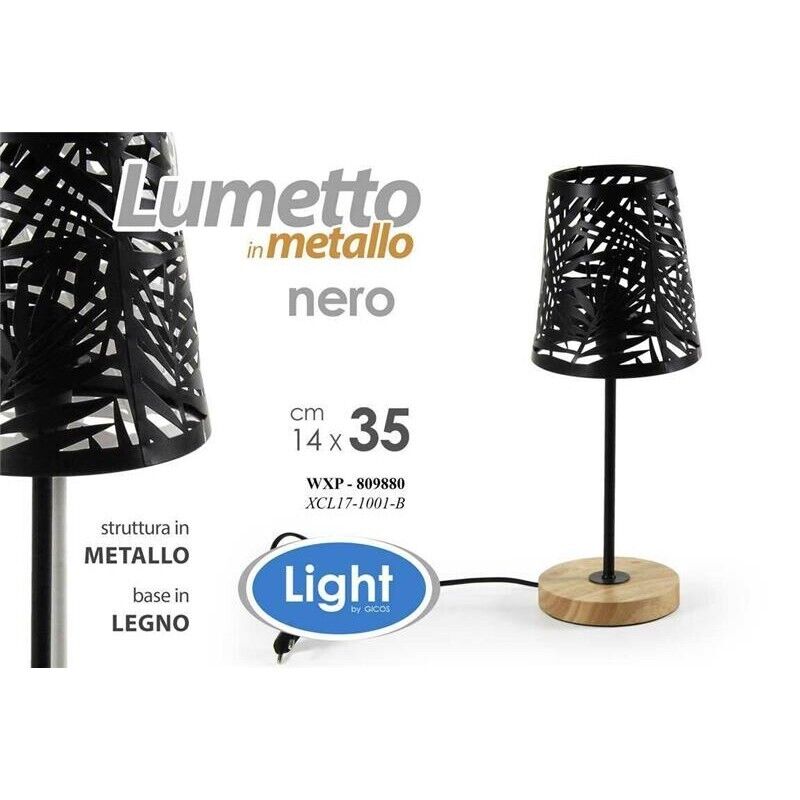 LAMPADA DA TAVOLO CON PARALUME A FOGLIA NERO E BASE TONDA IN LEGNO 14 X 35 CM