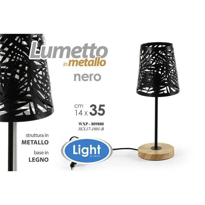 LAMPADA DA TAVOLO CON PARALUME A FOGLIA NERO E BASE TONDA IN LEGNO 14 X 35 CM