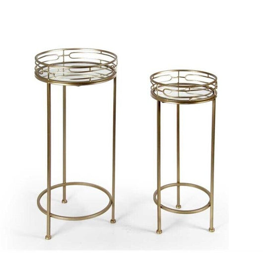 SET DI 2 TAVOLINI A COLONNA TONDI IN METALLO DA 70 E 60 CM COLORE ORO